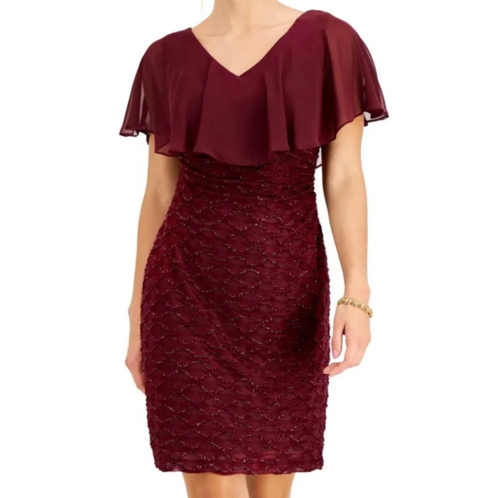 Women’s Formal Dress Size 12 CONNECTED APPAREL Burgundy Red Overlay Cape Gown - Picture 3 of 4